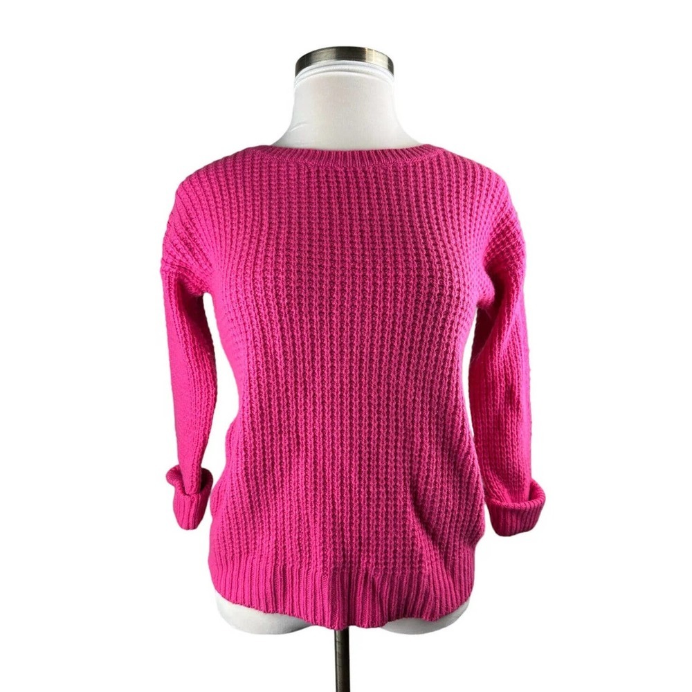 Garnet Hill Waffle Knit Crewneck Cashmere Wool Sweater Pink Pockets Size Small - Picture 16 of 16